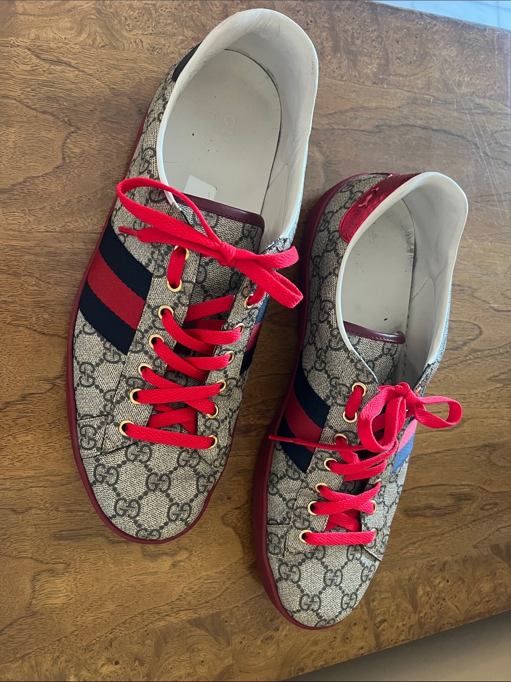 Gucci Beige GG Supreme Canvas Sneakers with Red Accents and Navy Stripe